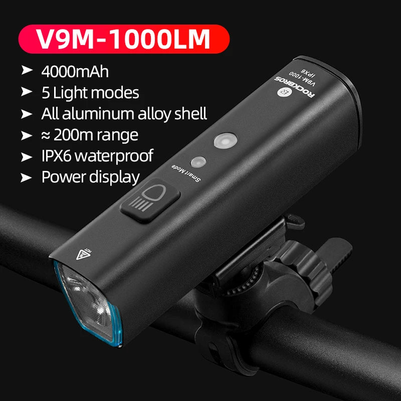 Bicycle Light Smart Vibration Sensing 1000Lumen 4000mAh 5 Modes Type-c LED