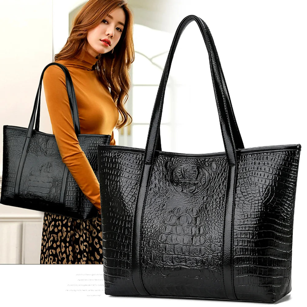 Simple Crocodile Leather Women Shoulder Travel Handbag