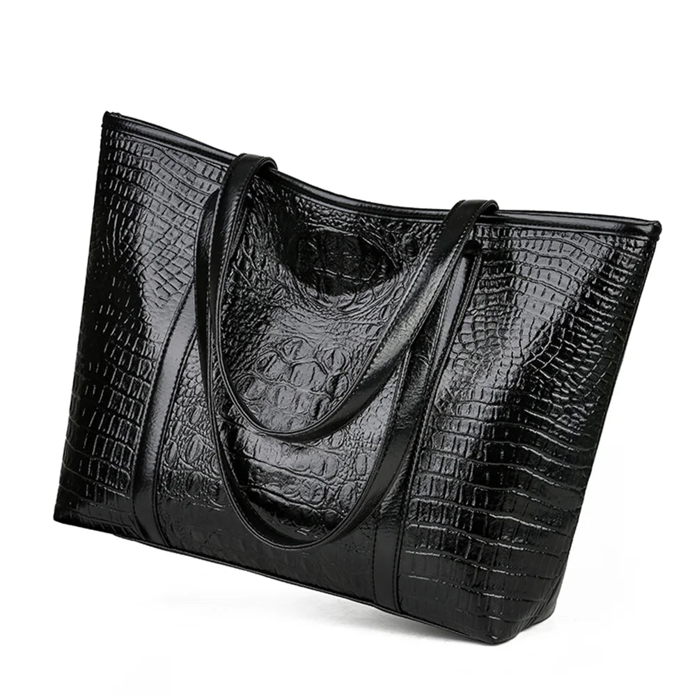 Simple Crocodile Leather Women Shoulder Travel Handbag