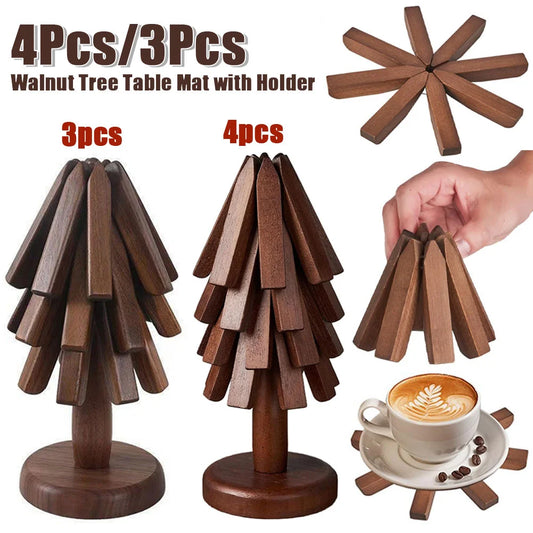 4/3Pcs Wooden Coaster [Magnetic Foldable Christmas Tree Holder Pad]